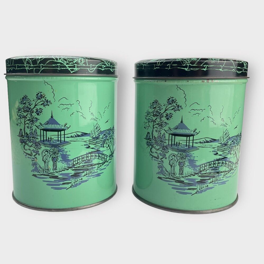 2 VTG Cherrydale Farm 13oz Asian Tin Canister Mint Green Black Storage Container